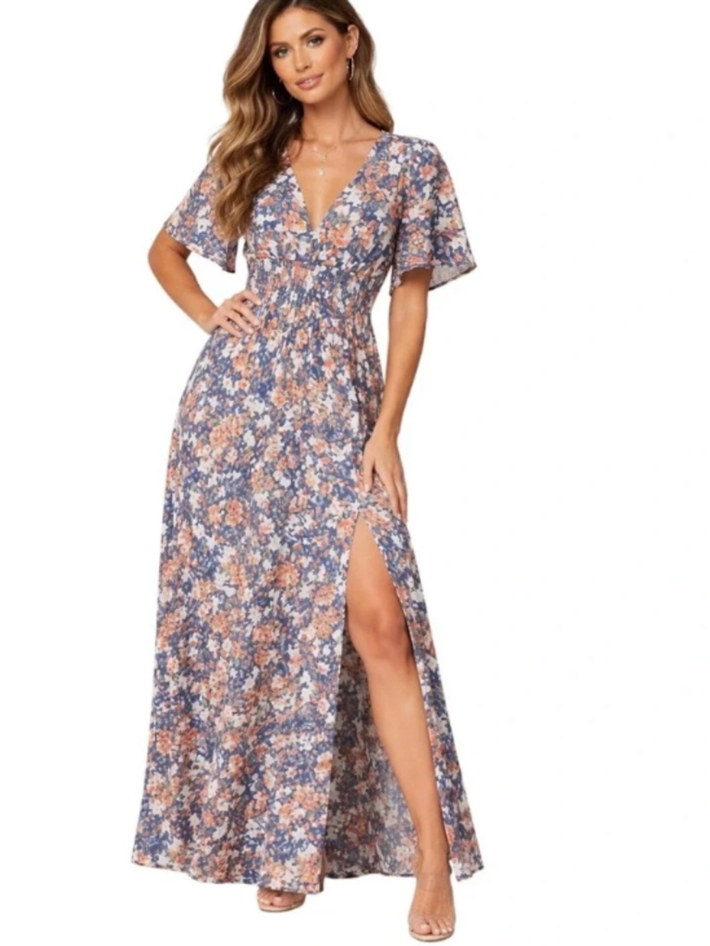 Baltic Born Verona Smocked Maxi Dress in Blue Floral Sz S